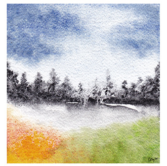 Peinture paysage, aquarelle improvisation, Aquarelle Extra Fine, Aquarelle granuleuse, orange, vert, noir, bleu, campagne, arbres 